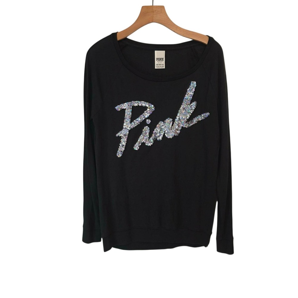 Victoria's Secret PINK Sequin Logo Long‎ Sleeve Tee Black Crew Neck Womens Small